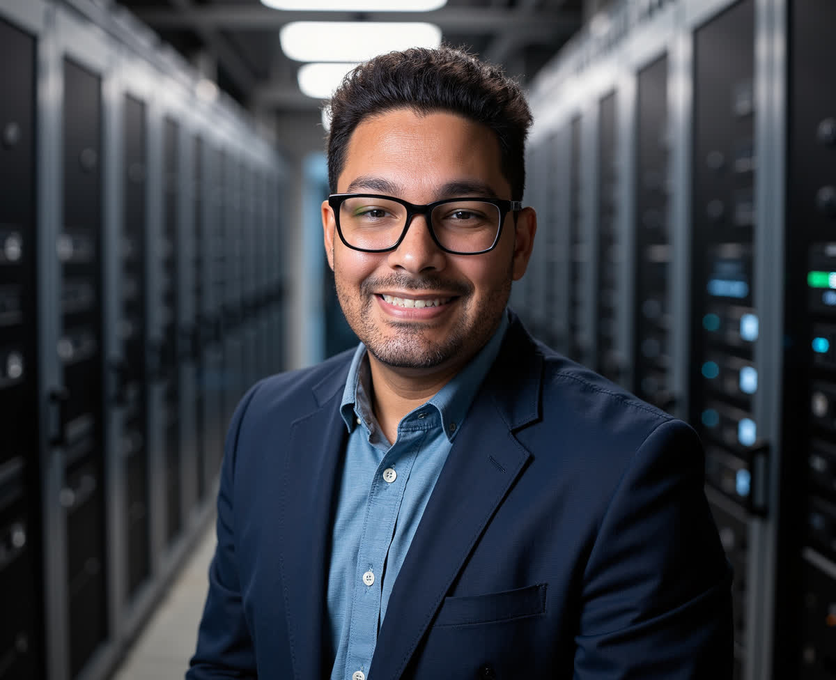 Johnny Dilan in a data centre aisle, in glasses and a navy jacket